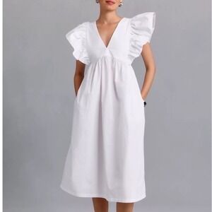 Maeve Anthropologie White Cotton Ruffle Sleeve Empire Waist Midi Dress Small